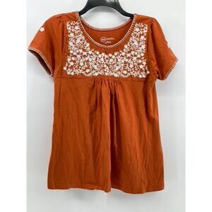 646 MAIN Women's Burnt Orange Embroidered Floral Trim Scoop-Neck Top SZ XS
